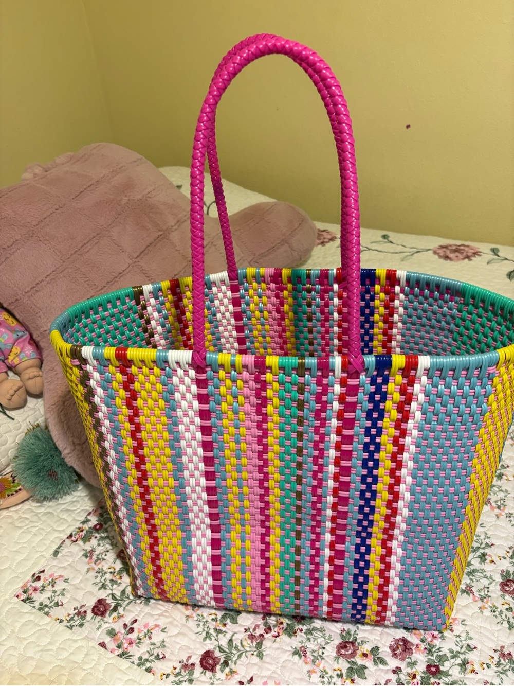 Colorful Woven Tote Bag with Hot Pink Handles